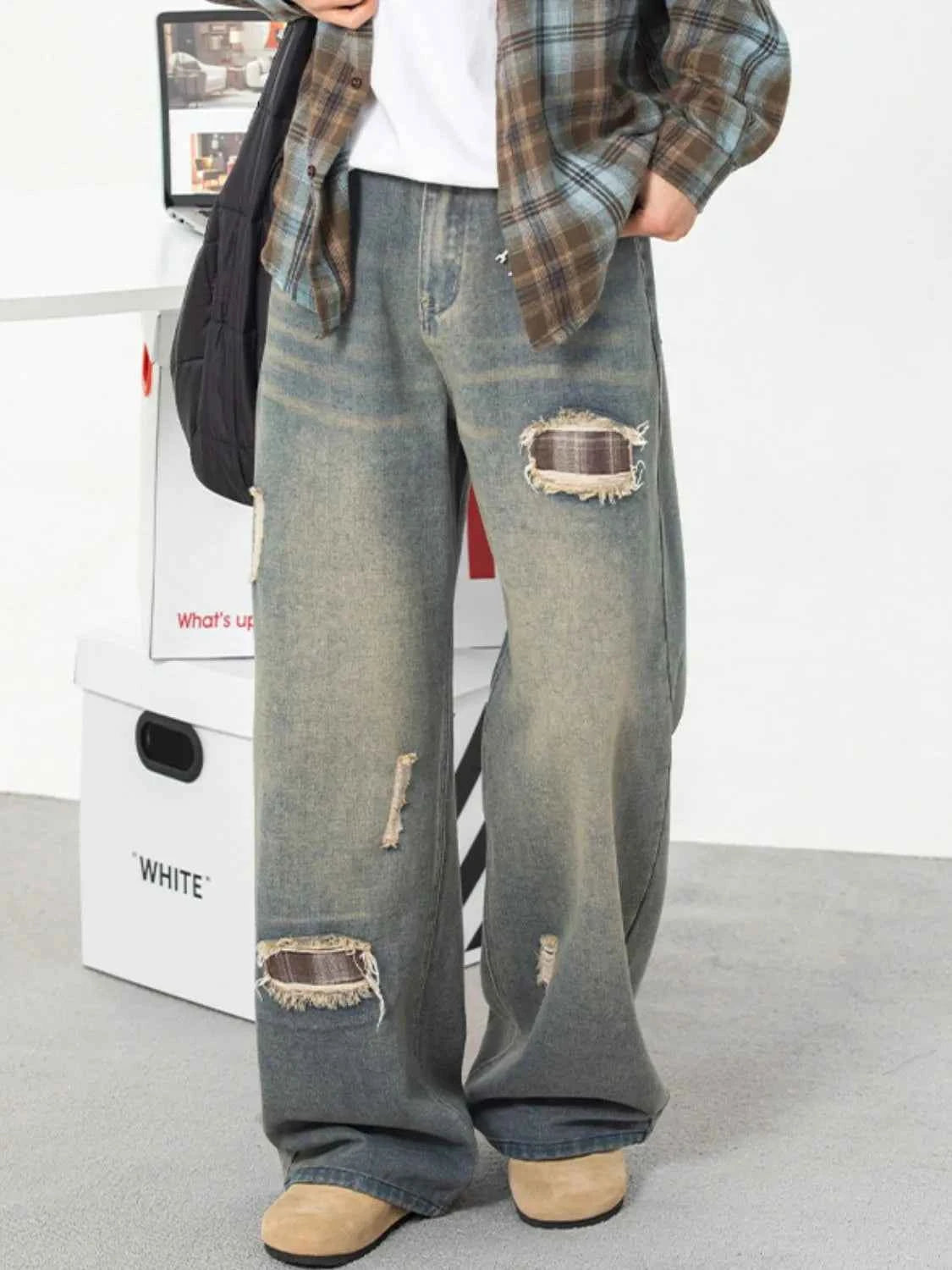 Men's Plus Size Distressed Wide Leg Jeans